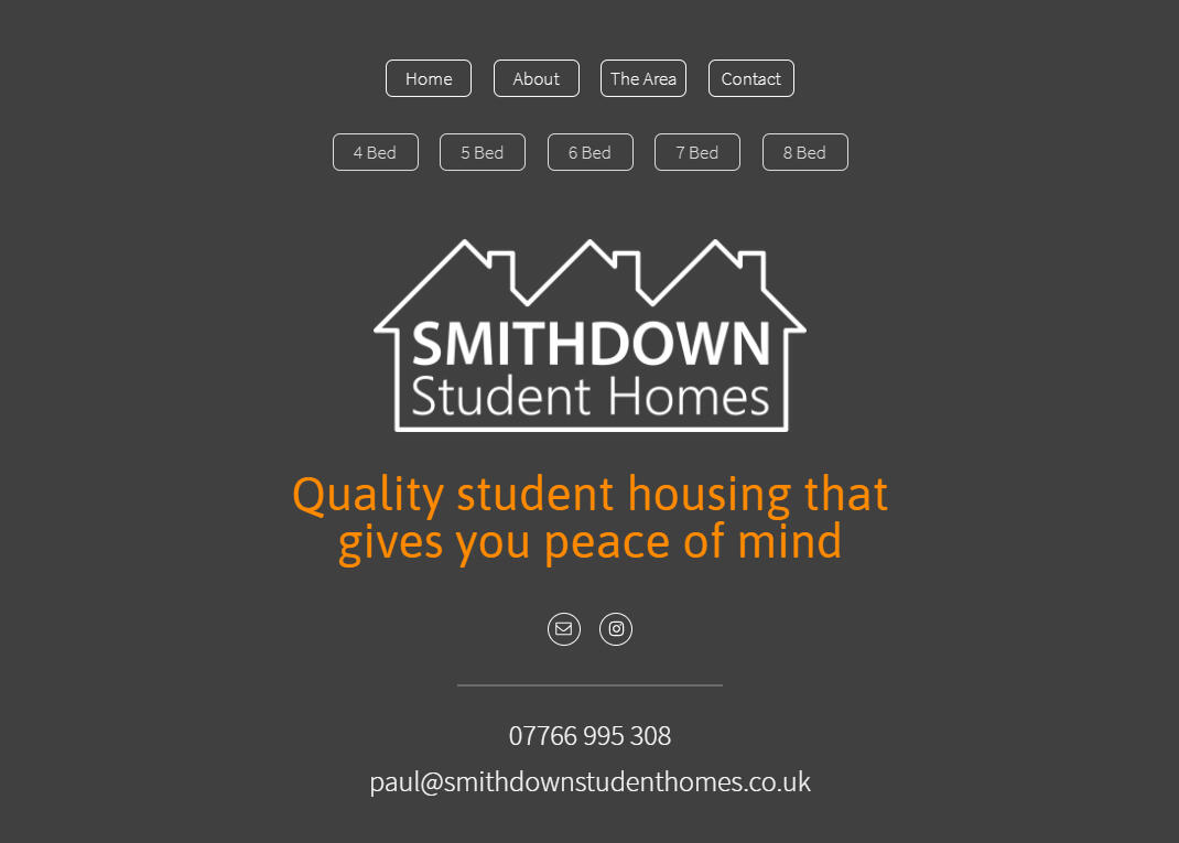 Screenshot of the homepage for local student accommodation business Smithdown Student Homes